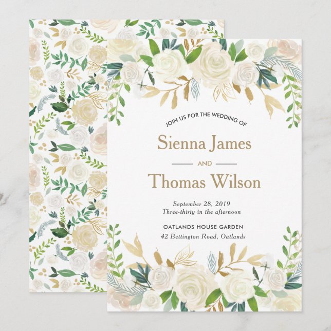 White and gold floral Wedding invitation (Front/Back)