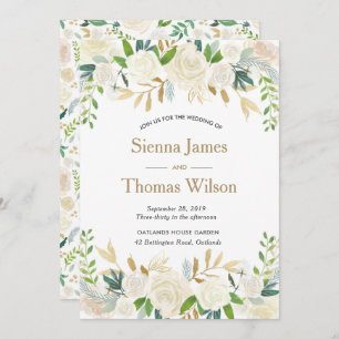 White and gold floral Wedding invitation