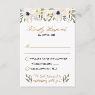White and Gold Floral Wedding RSVP Card