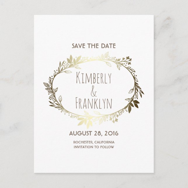 White and Gold Floral Wreath Save the Date Announcement Postcard (Front)