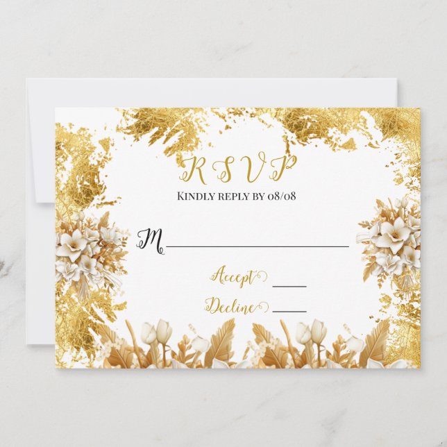 White and Gold Florals Wedding RSVP Cards (Front)