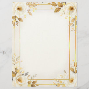 White and Gold Flowers and Double Frame Stationery Custom Letterhead