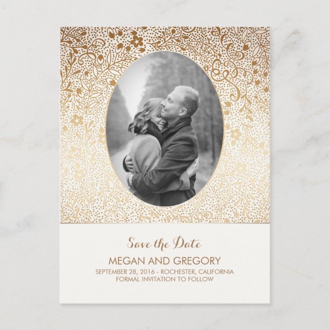 White and Gold Flowers Chic Photo Save the Date Announcement Postcard (Front)
