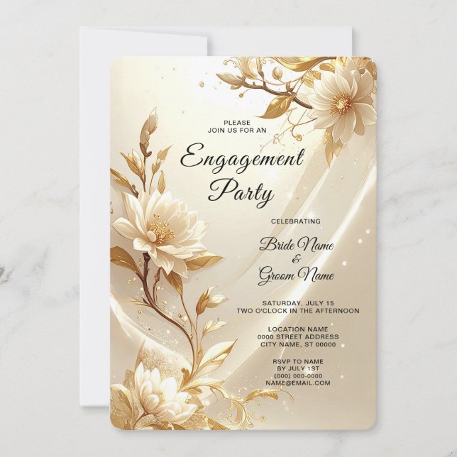 White and Gold Flowers Engagement Invitation (Front)