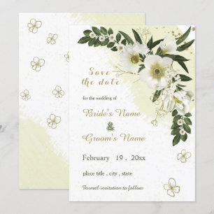white and gold flowers greenery save the date invitation