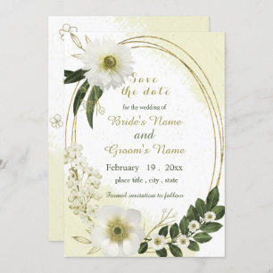 white and gold flowers greenery save the date invitation
