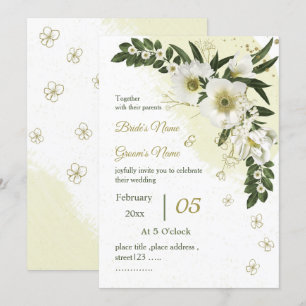 white and gold flowers greenery wedding invitation