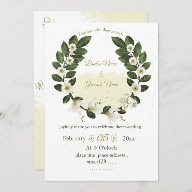 white and gold flowers greenery wreath wedding invitation (Front/Back)
