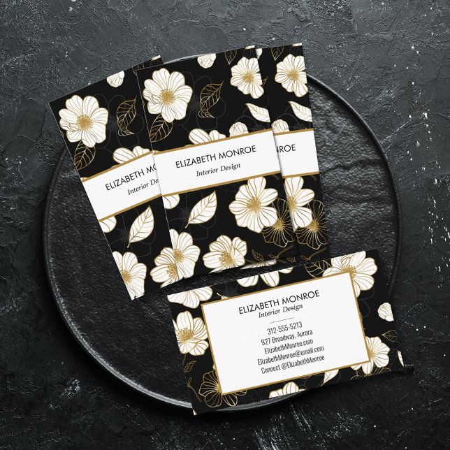 White and Gold Flowers on Black Business Card (Creator Uploaded)