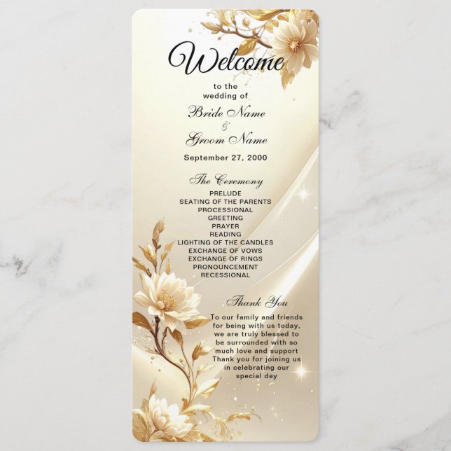 White and Gold Flowers Wedding  Program Programme (Front)