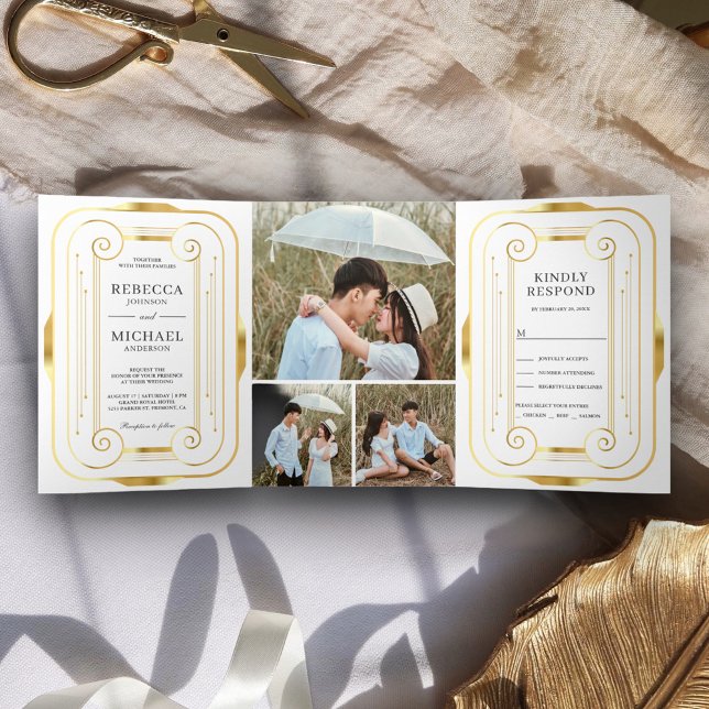 White and Gold Foil Art Deco Photo Collage Wedding Tri-Fold Invitation (Creator Uploaded)