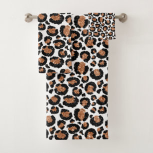 White and Gold Foil Cheetah - Leopard Pattern Bath Towel Set