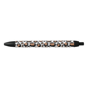 White and Gold Foil Cheetah - Leopard Pattern Black Ink Pen
