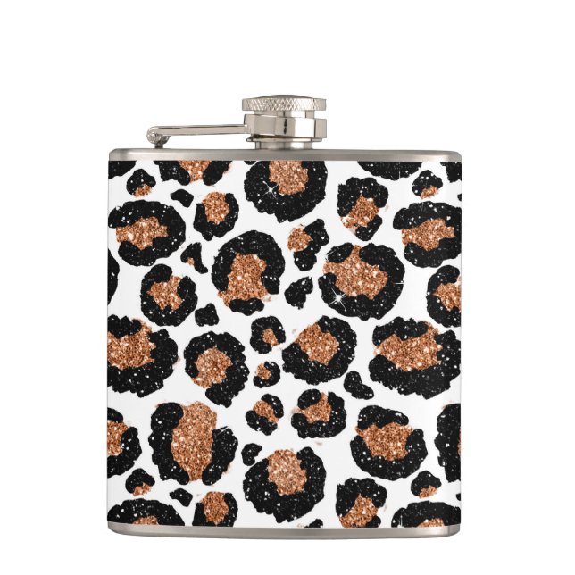 White and Gold Foil Cheetah - Leopard Pattern Hip Flask (Front)
