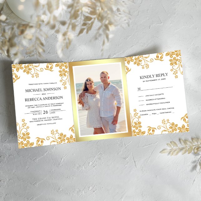 White and Gold Foil Floral Leaves Wedding Tri-Fold Invitation (Creator Uploaded)