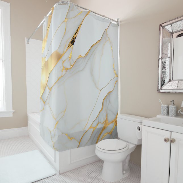 White and Gold Foil Marble Agate Shower Curtain (In Situ)