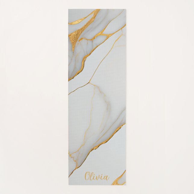 White and Gold Foil Marble Agate Yoga Mat (Front)