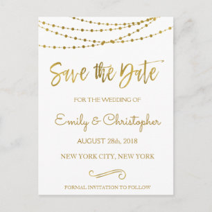 White and Gold Foil Save the Date Announcement Postcard