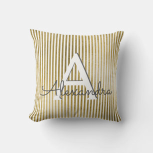White and Gold Foil Striped Monogram & Initial Cushion