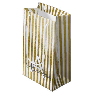 White and Gold Foil Striped Monogram & Initial Small Gift Bag