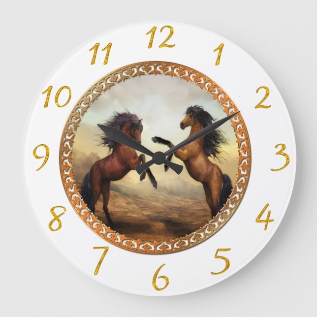  White and gold frame horses  Large Clock (Front)