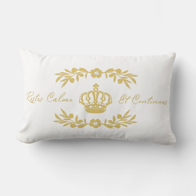 white and gold French Script Keep Calm Carry On Lumbar Cushion (Front)