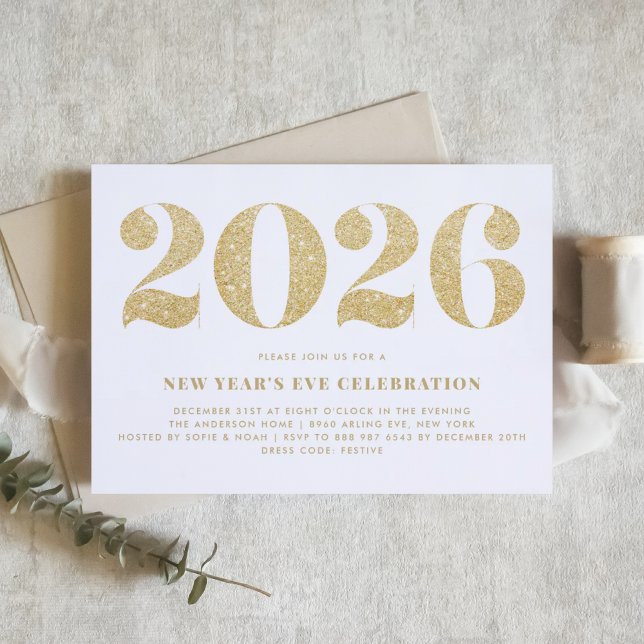 White and Gold Glitter 2024 New Year's Eve Party Invitation (Customizable 2026 New Year's Eve party invitation featuring faux gold glitter.)