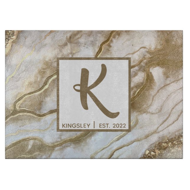 White and gold glitter agate monogram name year  cutting board (Front)