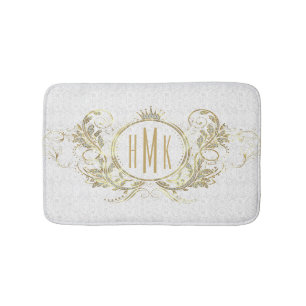 White And Gold Glitter Girly Floral Frame Bath Mat