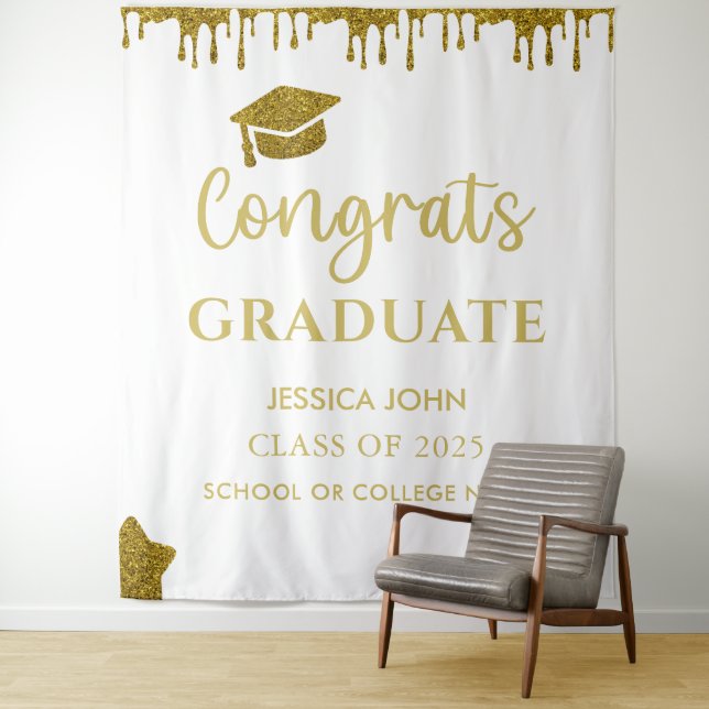 White And Gold Glitter Graduation Photo Backdrop Tapestry (In Situ)