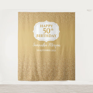 White and gold glitter ombre birthday backdrop tapestry