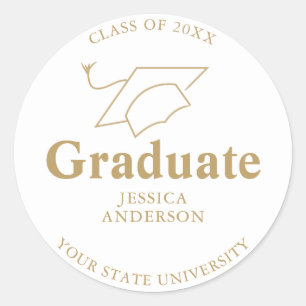 White and Gold Graduate Cap Graduation Classic Round Sticker