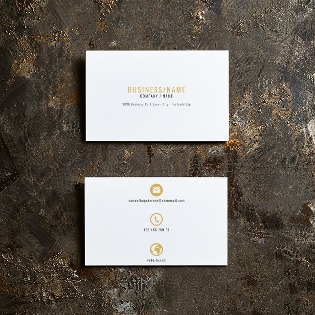 White and gold icons business card. business card (White and gold business card. Professional business card with 3 bold and simple icons)