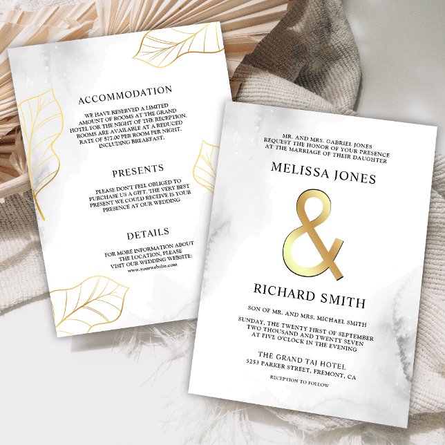 White and Gold Leaves Ampersand All in One Wedding Invitation (Creator Uploaded)