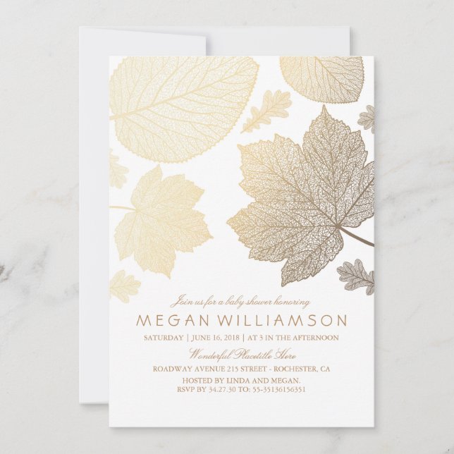 White and Gold Leaves Fall Baby Shower Invitation (Front)