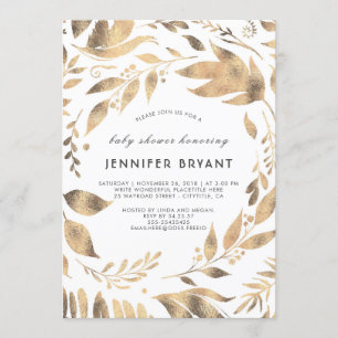 White and Gold Leaves Laurel Fall Baby Shower Invitation