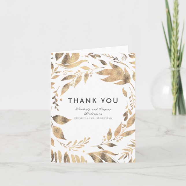White and Gold Leaves Laurel Wedding Thank You Card (Front)