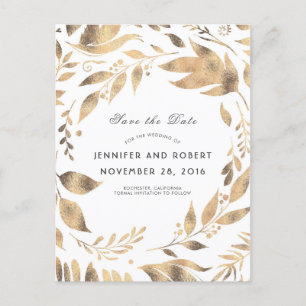 White and Gold Leaves Wreath Save the Date Announcement Postcard