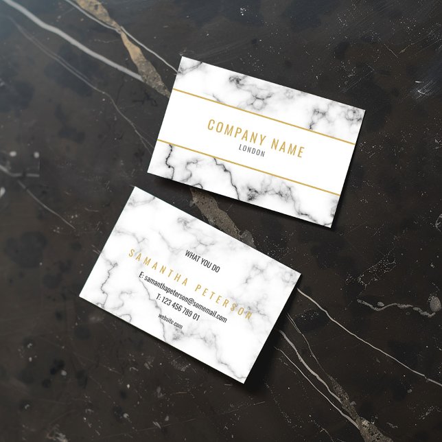 White and gold luxury marble effect business card (Elegant white and gold business card with a marble design, featuring a minimalist layout on marble)