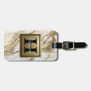 White and Gold Marble Monogram Name Personalised Luggage Tag