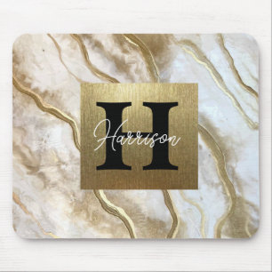 White and Gold Marble Monogram Name Personalised Mouse Pad