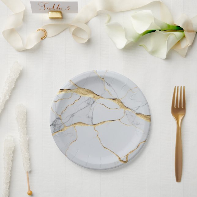 White and gold marble  paper plate (Wedding)