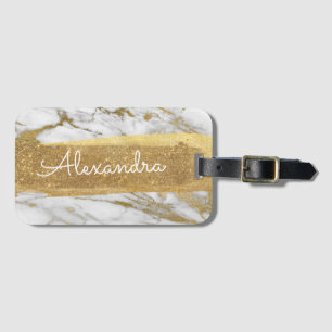 White and Gold Marble with Gold Foil and Glitter Luggage Tag
