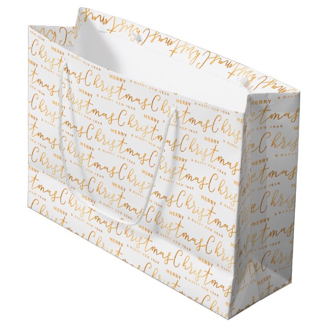 White and Gold Merry Christmas Word Art Large Gift Bag (Front Angled)