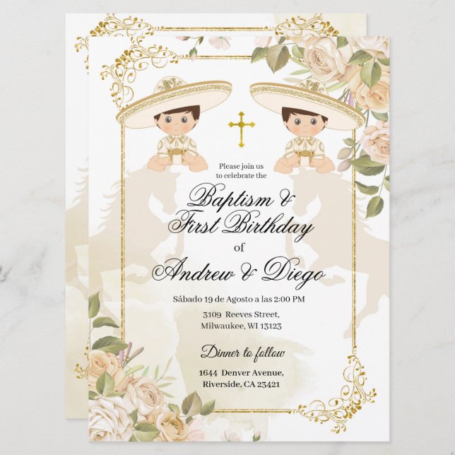 White and Gold mexican twin boys invitation (Front/Back)