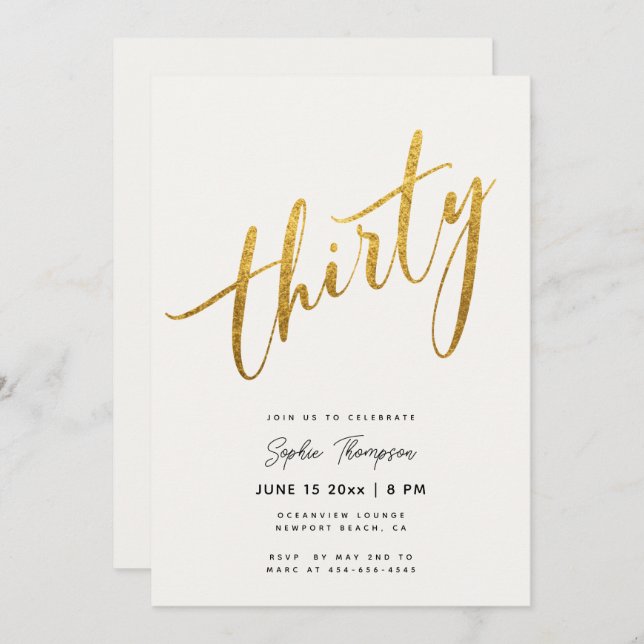 White and Gold Minimalist Elegant 30th Birthday Invitation (Front/Back)