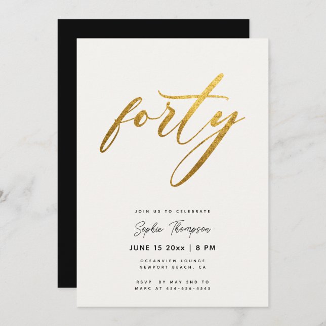 White and Gold Minimalist Elegant 40th Birthday Invitation (Front/Back)