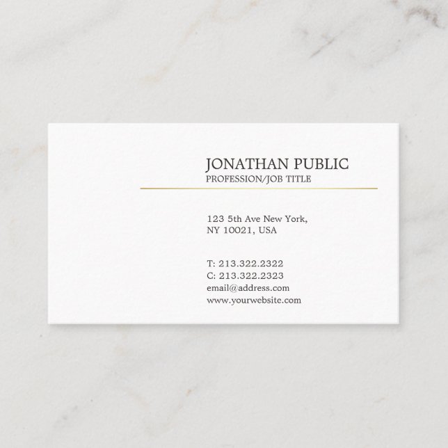 White and Gold Modern Elegant Plain Sleek Business Card (Front)
