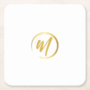 White and Gold Monogram Square Paper Coaster