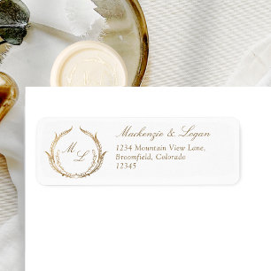 White and Gold Monogram Wedding Return Address